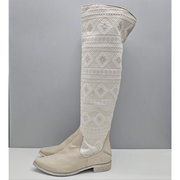 NEW Free People Bren Knee High Boot Womens EU 39 Cream Embroidered Slouchy Boho - Picture 1 of 16